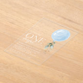 ブルーバルーン、ユーカリ、緑、ファースト誕生日 アクリル招待状 (レイダウン)