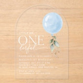 ブルーバルーン、ユーカリ、緑、ファースト誕生日 アクリル招待状 (正面)