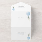 ブルーバルーン、ユーカリ、緑、ファースト誕生日 オールインワン招待状 (外側)