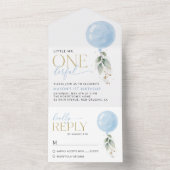 ブルーバルーン、ユーカリ、緑、ファースト誕生日 オールインワン招待状 (内側)