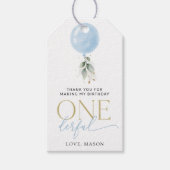 ブルーバルーン、ユーカリ、緑、ファースト誕生日 ギフトタグ (正面)