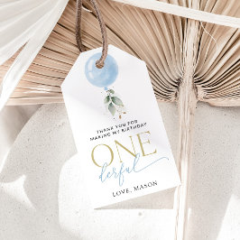 ブルーバルーン、ユーカリ、緑、ファースト誕生日 ギフトタグ