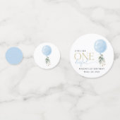 ブルーバルーン、ユーカリ、緑、ファースト誕生日 コンフェッティ (正面)