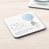 ブルーバルーン、ユーカリ、緑、ファースト誕生日 コースター (左側)