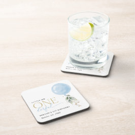 ブルーバルーン、ユーカリ、緑、ファースト誕生日 コースター