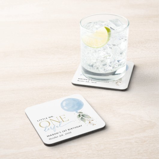 ブルーバルーン、ユーカリ、緑、ファースト誕生日 コースター (右側)