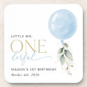 ブルーバルーン、ユーカリ、緑、ファースト誕生日 コースター (正面)