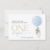 ブルーバルーン、ユーカリ、緑、ファースト誕生日 サンキューカード (正面)