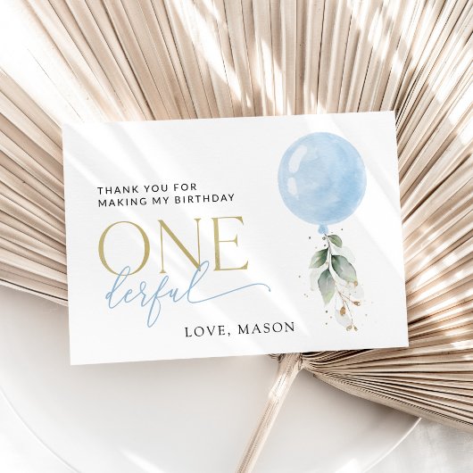 ブルーバルーン、ユーカリ、緑、ファースト誕生日 サンキューカード