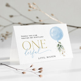 ブルーバルーン、ユーカリ、緑、ファースト誕生日 サンキューカード