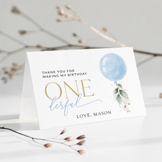 ブルーバルーン、ユーカリ、緑、ファースト誕生日 サンキューカード