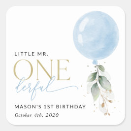 ブルーバルーン、ユーカリ、緑、ファースト誕生日 スクエアシール