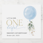 ブルーバルーン、ユーカリ、緑、ファースト誕生日 スパークリングワインラベル (シングルラベル)