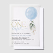 ブルーバルーン、ユーカリ、緑、ファースト誕生日 ベラム紙招待状 (オフセット)