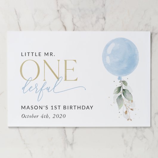 ブルーバルーン、ユーカリ、緑、ファースト誕生日 ペーパーパッド (正面)