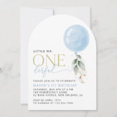 ブルーバルーン、ユーカリ、緑、ファースト誕生日 招待状 (正面)