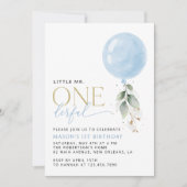 ブルーバルーン、ユーカリ、緑、ファースト誕生日 招待状 (正面)