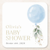 ブルーバルーン,ユーカリ,緑,赤ちゃんシャワー スクエアペーパーコースター (正面)