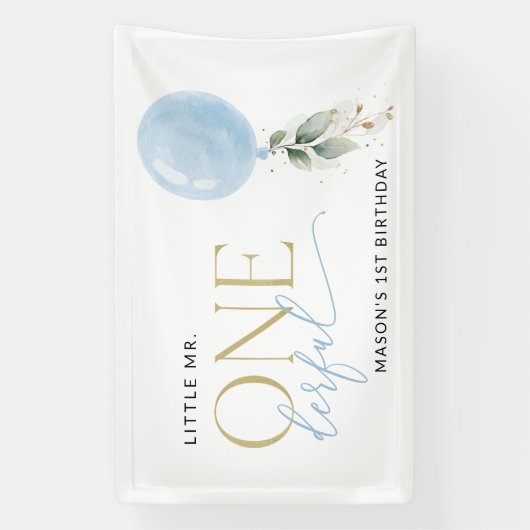 ブルーバルーン、緑、最初の誕生日へようこそ 横断幕 (縦)