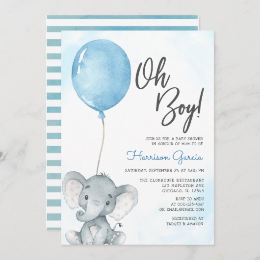 ブルーバルーンOHボーイエレファントベビーシャワー招待 招待状 (正面/裏面)
