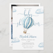 ブルーバルーンQRコードフォトボーイベビーシャワー 招待状 (正面/裏面)