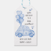 ブルーバレンタインテーマハートバルーンと車 ギフトタグ (正面)