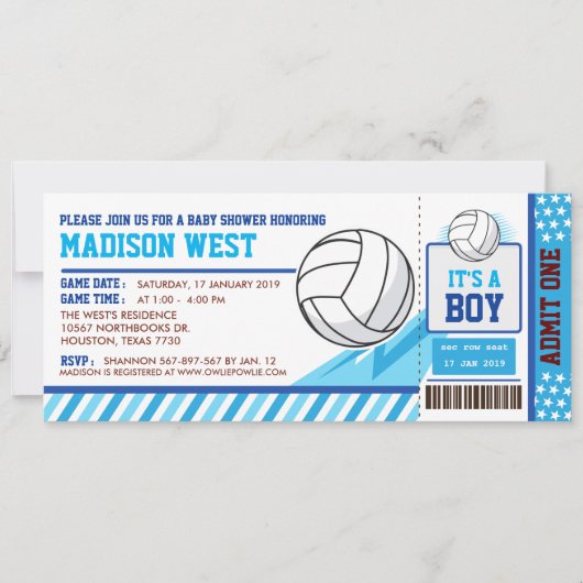 ブルーバレーボールチケットパスベビーシャワー招待状 招待状 (正面)