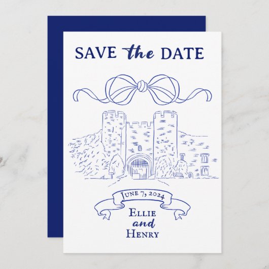 ブルーバロックのフォトキャッスル日付を保存招待状 招待状 (正面/裏面)