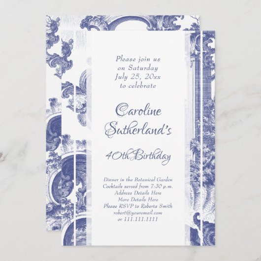 ブルーバロックフランスのトイルバースデーパーティー 招待状 (正面/裏面)