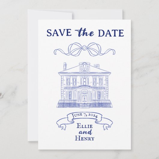 ブルーバロック写真付きセーブザデート招待状 招待状 (正面)