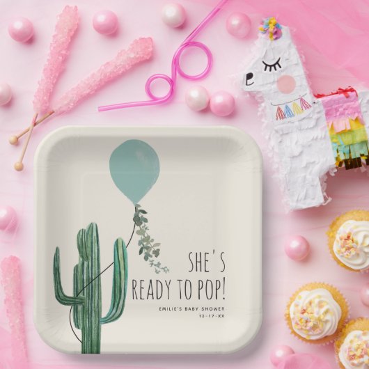 ブルーバロポップ・アートのンサボテン男の子の赤ちゃんシャワー準備完了 ペーパープレート (パーティー)