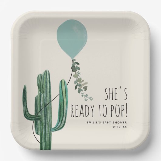 ブルーバロポップ・アートのンサボテン男の子の赤ちゃんシャワー準備完了 ペーパープレート (正面)