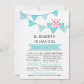 ブルーバンティングペナントフクロウ双子の男の子の赤ちゃんシャワー 招待状 (正面)