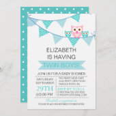 ブルーバンティングペナントフクロウ双子の男の子の赤ちゃんシャワー 招待状 (正面/裏面)