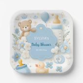 ブルーバンドルジョイ:テディベア男の赤ちゃんシャワー ペーパープレート (正面)