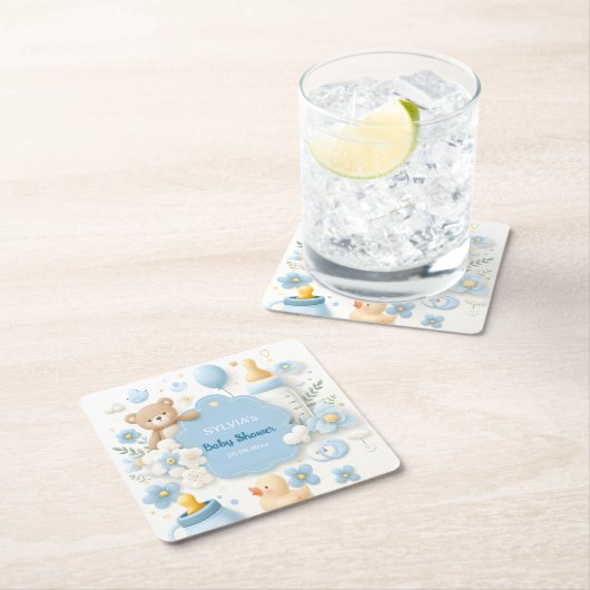 ブルーバンドルジョイ:男の赤ちゃんシャワー スクエアペーパーコースター (インサイチュ)