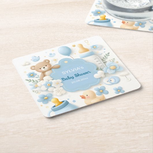 ブルーバンドルジョイ:男の赤ちゃんシャワー スクエアペーパーコースター (アングル)