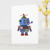 ブルーバースデーパーティーのおもちゃロボット カード (黄色い花)