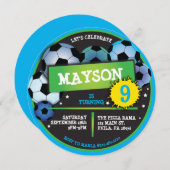 ブルーバースデーパーティーへの招待サッカーボール 招待状 (正面/裏面)