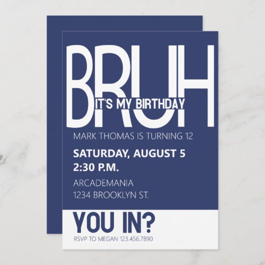 ブルーバースデーパーティーボーイ10代のブルーホワイト 招待状 (正面/裏面)