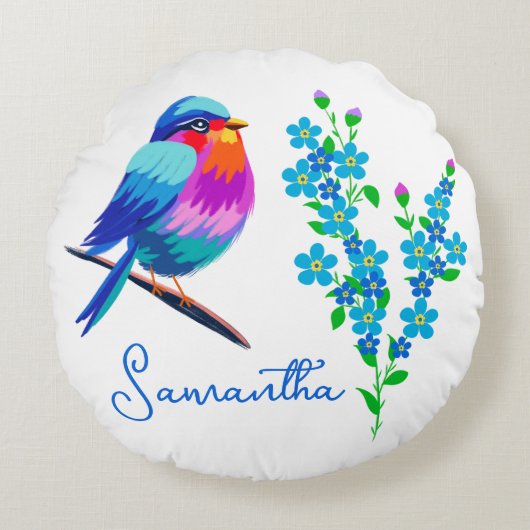 ブルーバーディ忘れーミーではなくフラワー80th誕生日 ラウンドクッション (正面)