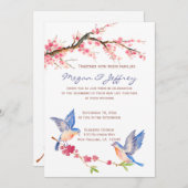 ブルーバードが付いている水彩画の桜 招待状 (正面/裏面)