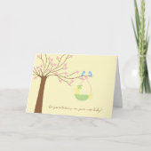 ブルーバードさくらんぼツリー生まれたばかりのおめでとう カード (正面)