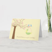 ブルーバードさくらんぼツリー生まれたばかりのおめでとう カード (正面)