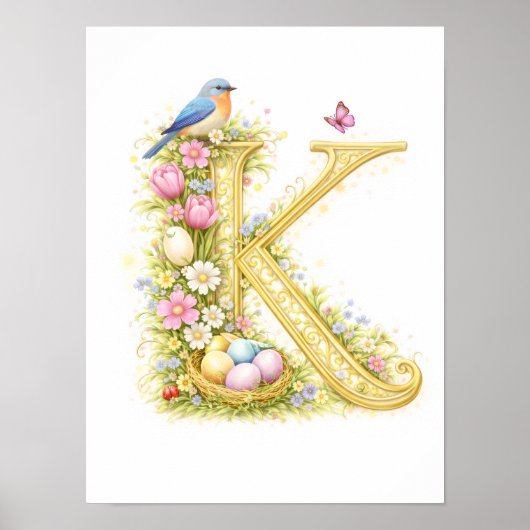 ブルーバードとゴールドの花のイニシャルKの赤ちゃんのための壁画 ポスター (正面)