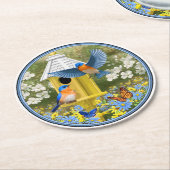 ブルーバードとトールイエローバードハウス ラウンドペーパーコースター (アングル)