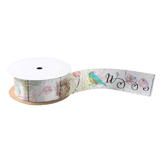 ブルーバードとピンクアジサイのフローラ モノグラムの サテンリボン (リール)