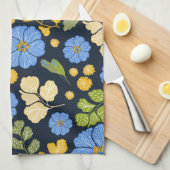 ブルーバードとフラワーアート キッチンタオル (四つ折り)