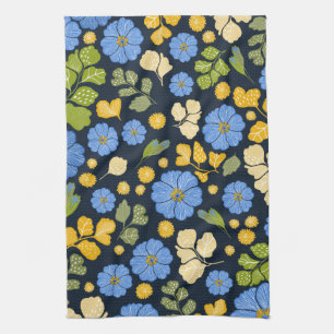 ブルーバードとフラワーアート キッチンタオル