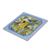 ブルーバードと六角バードハウスブルー タイル (側面)